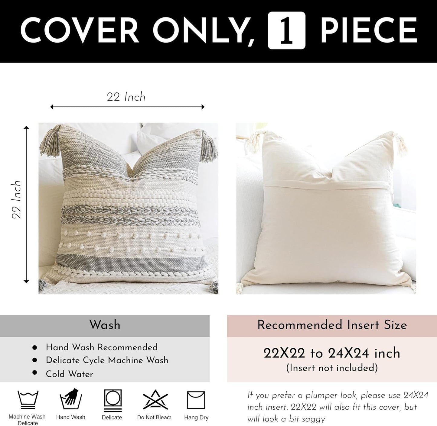 BlissBlush Gray Boho Decorative Throw Pillow Cover 22x22 Square Farmhouse Accent Cushion for Couch Sofa Livingroom Bedroom Pillowcase Modern Home Décor (Pack of 1)