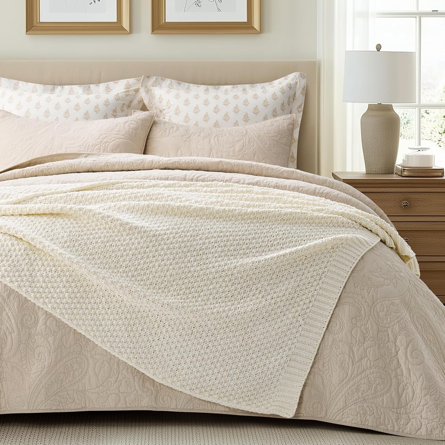 EVERGRACEHOME Chunky Chenille Knit Throw Blanket for Couch, Soft Luxurious Moss Stitch Blankets for Bed, Cozy Decorative Farmhouse Knitted Throws for Sofa, Ivory White, 60" x 80"