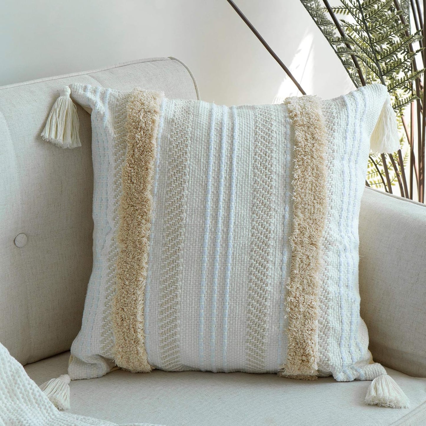 blue page Boho Tufted Throw Pillow Cover 24x24, Neutral Woven Decorative Square Pillow Case for Couch or Bed, Modern Farmhouse Accent, Yellowy Cream