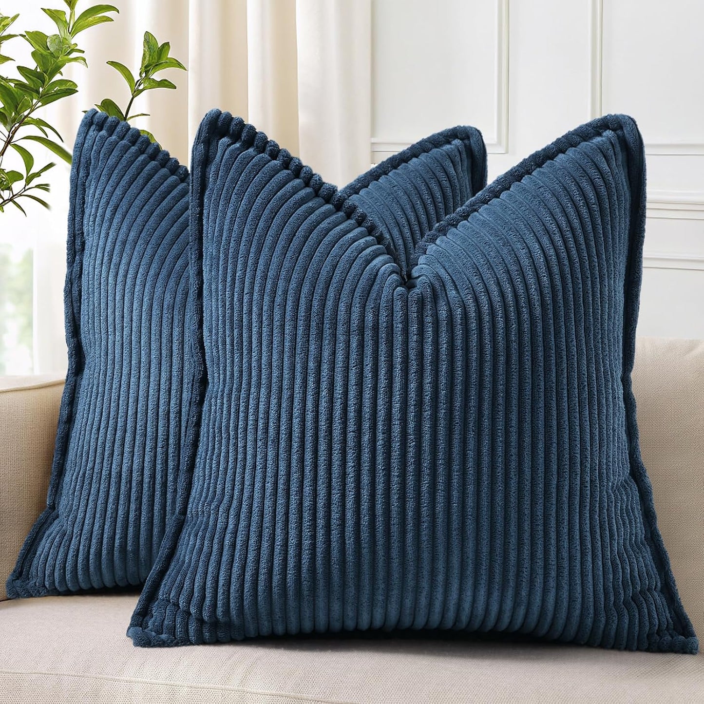 decorUhome Corduroy Navy Blue Throw Pillow Covers 24x24 Set of 2 Decorative Soft Boho Farmhouse Euro Couch Pillow Covers for Living Room Bed Sofa Broadside Striped Pillow Cases