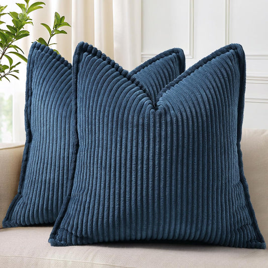 decorUhome Corduroy Navy Blue Throw Pillow Covers 24x24 Set of 2 Decorative Soft Boho Farmhouse Euro Couch Pillow Covers for Living Room Bed Sofa Broadside Striped Pillow Cases
