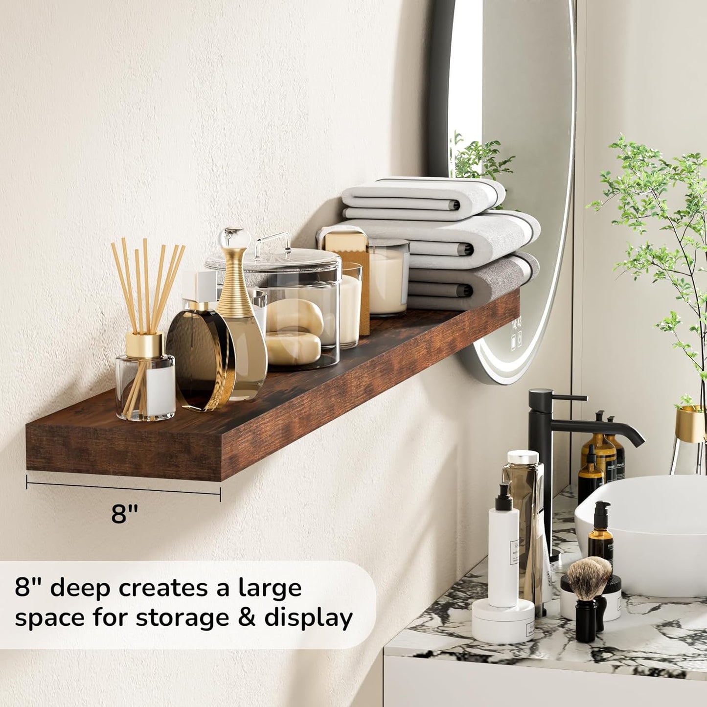 Fun Memories 48 Inch Floating Shelves - Fireplace Mantel Shelf - Deep Wall Mounted Wood Storage Shelf for Bedroom, Kitchen, Farmhouse - 1 Pack, Rustic Brown