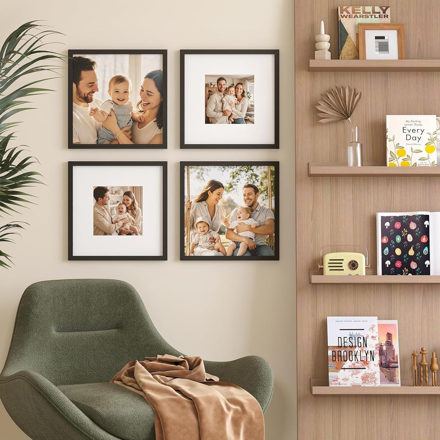 KINLINK 14x14 Picture Frame, Black Square Solid Wood Frames for Pictures 8x8 with Mat or 14x14 without Mat, Wall Display Photo Frames Black 4 Pack