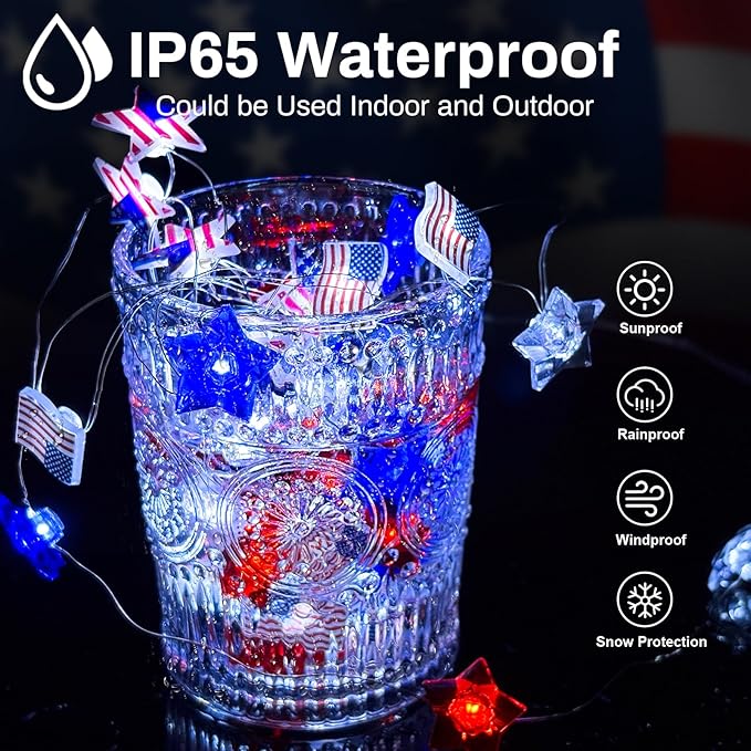 ZGWJ 4th of July Decorations USB String Lights, 1 Pack 50LED 16FT Red White and Blue Flag Stars Patriotic Fairy Lights with Timer Outdoor Waterproof for Memorial Day Presidents Day Independence Day