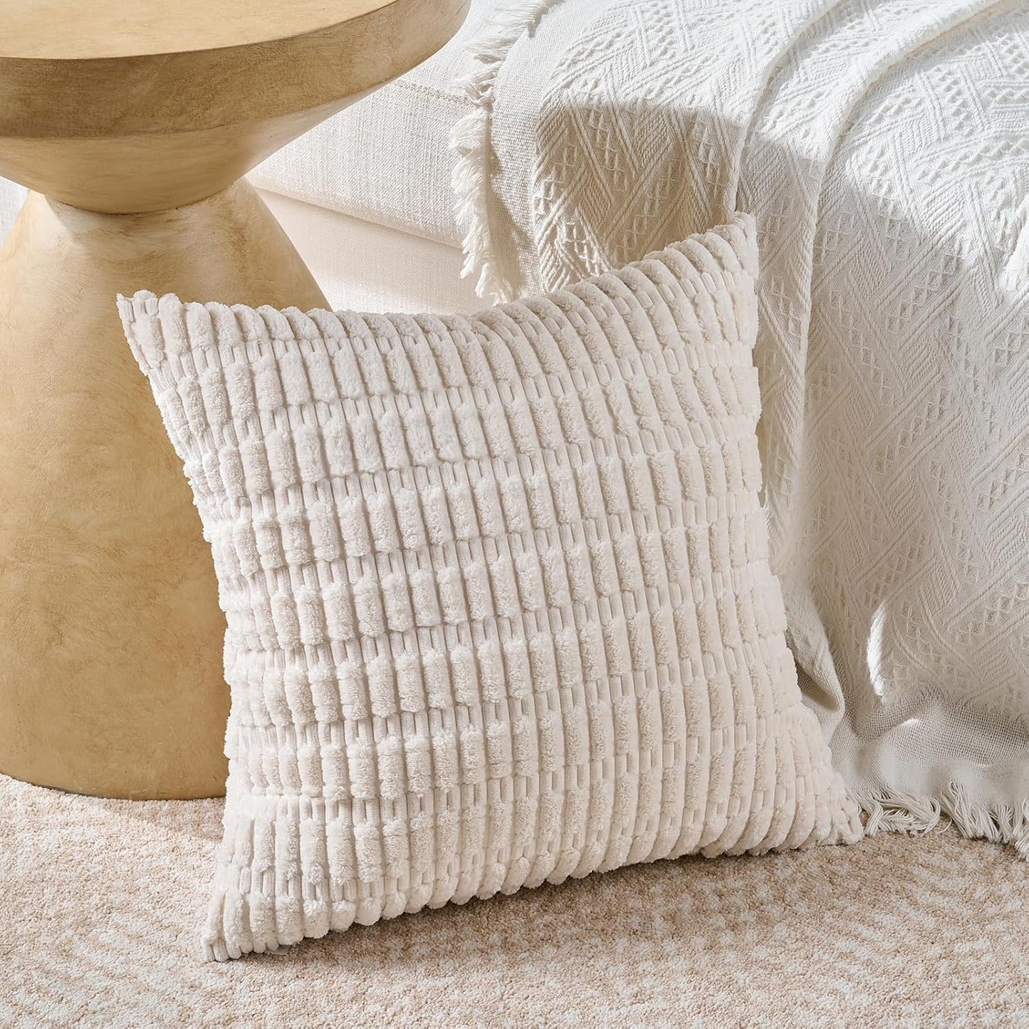 Fancy Homi Set of 4 Grey and White Boho Decorative Throw Pillow Covers 26x26 Inch for Couch Bed Sofa, Aesthetic Modern Bohemian Room Decor, Fuzzy Fluffy Cozy Corduroy Textured Cushion Case 66x66cm