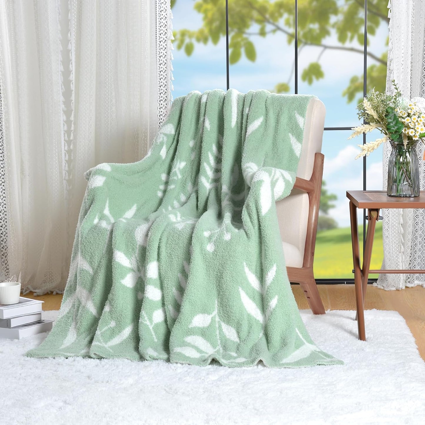 Leaf Pattern Throw Blanket Soft Cozy Spring Blanket for Bed, Couch, Sofa Lightweight Breathable Stylish Seasonal Home Decor Blanket Sage Green 50x60 Inches