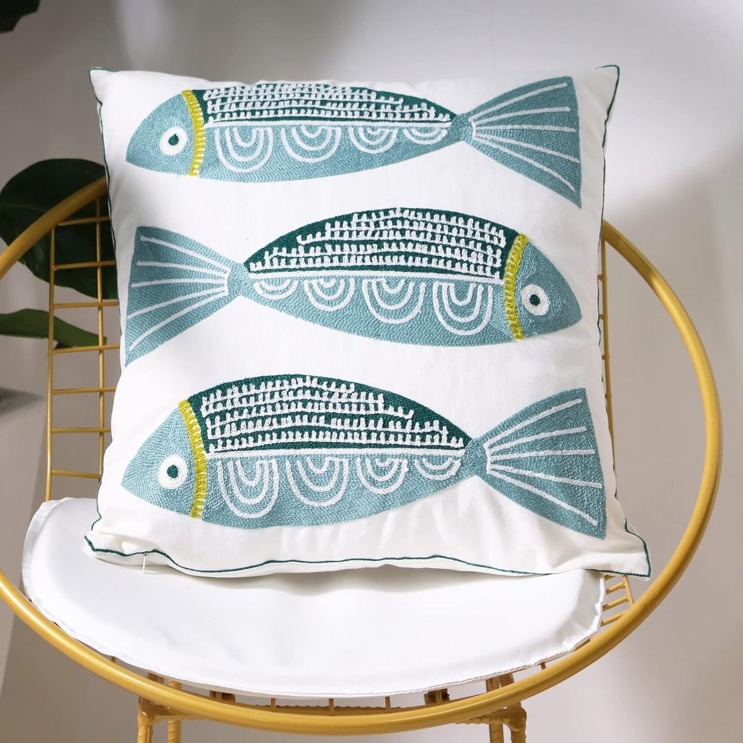 1 PCS Embroidered Throw Pillow Cover Cotton Decorative Square Cushion Cases for Home Sofa Bed and Chair 18 x 18 Inch (Blue Fish)