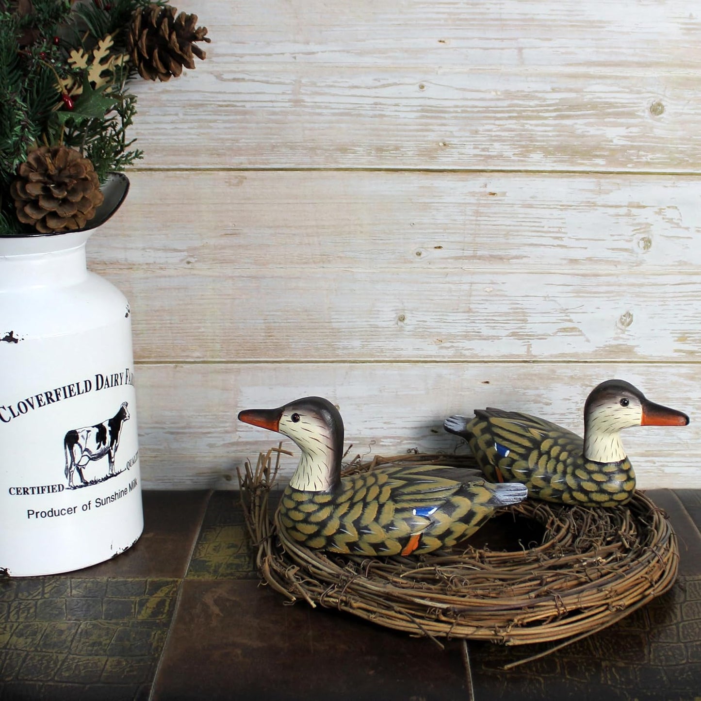 CVHOMEDECO. Primitives Hand Engraving and Painted Wood Ducks Decor Rustic Figurines Mallards Decorative Accent, Set of 2, Brown