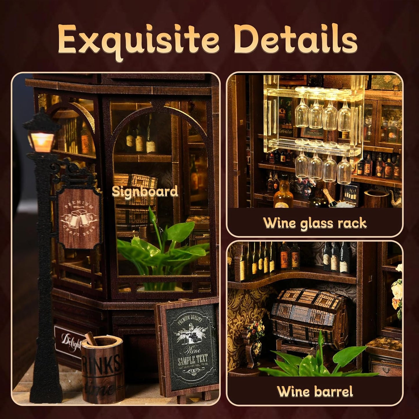 DIY Miniature House Kit, Book Nook Kit, 3D Wooden Puzzles Bookshelf Craft Kits, Dollhouse Kit with LED Light, Mini Building Kit for Adults Teen to Build (Corner Tavern)