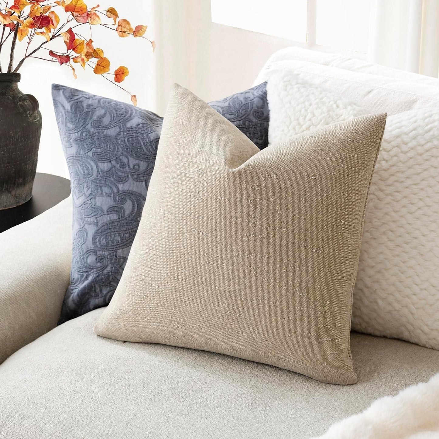 Foindtower Pack of 2 Soft Textured Chenille Throw Decorative Pillow Covers Square Accent Solid Cushion Cover Cozy Neutral Farmhouse Pillow Case for Couch Sofa Bedroom Living Room 26x26 Inch, Beige