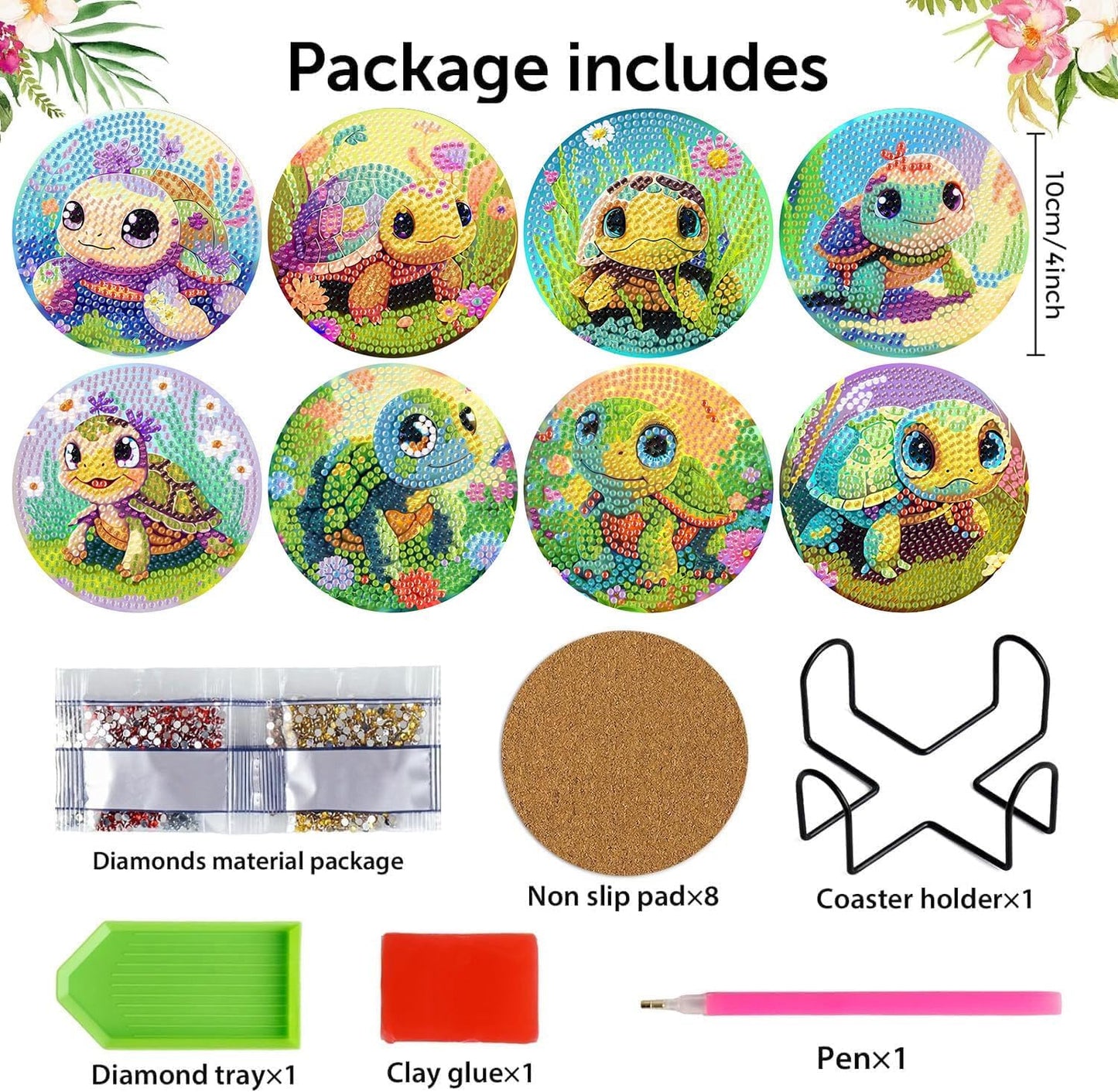 Meothan 8 Pcs Diamond Art Coasters Kits for Adults Diamond Painting Coasters Kits for Adults with Holder Cork Pads DIY Cute Sea Turtle Diamond Art Dotz Painting Coasters Crafts Set 4x4in (Animals)