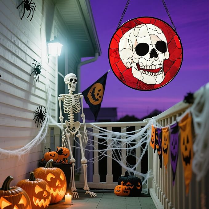 Stained Glass Window Hanging - Halloween Decoration White Skeleton Skull Suncatcher for Door Garden Spooky Red Sun Catchers Gothic Decor Horror Gifts for Women Men Friend Boy Girl 15 in
