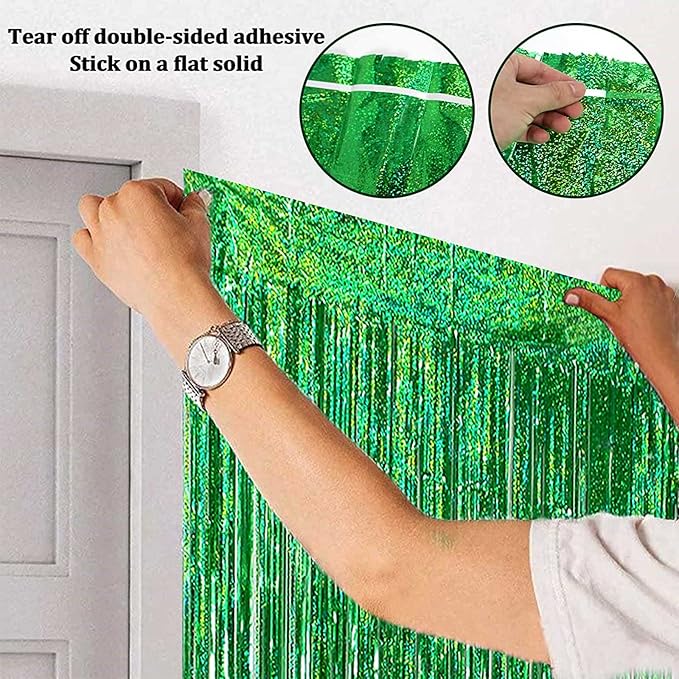 4 Pack Green Foil Fringe Curtain Backdrop, 3.3Ft x 9.8Ft Metallic Tinsel Foil Fringe Streamers Curtains for Photo Booth, Wedding, Thanksgiving, Birthday, Christmas, Halloween Party Decoration