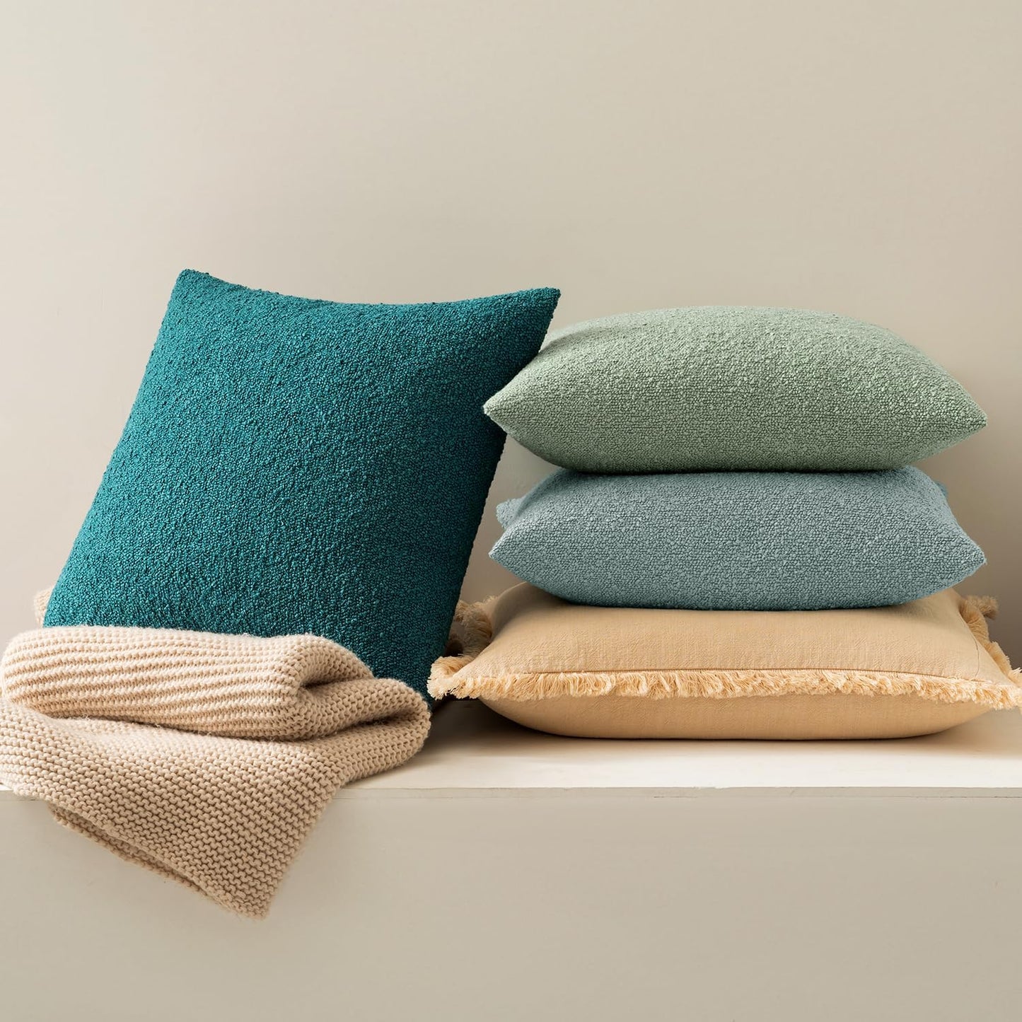 MIULEE 20x20 Inch Decorative Pillow Covers for Couch Bed Set of 2 Textured Boucle Neutral Winter Throw Pillows Teal Blue Accent Solid Cushion Pillowcases Sofa Livingroom Home Decor