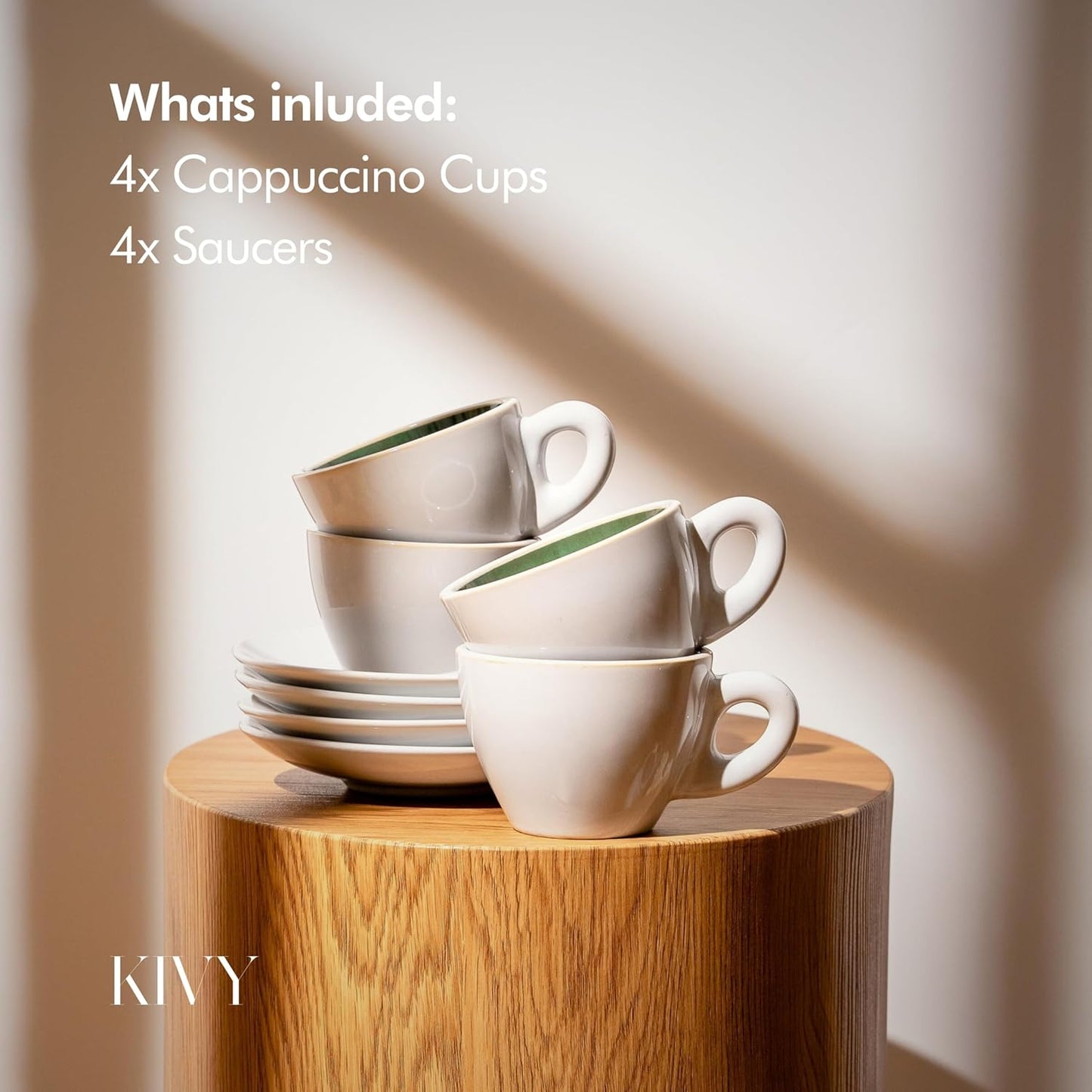 KIVY Cappuccino cups [4x 8oz] - Thick-walled stoneware cappuccino cup set for latte art - Latte mugs - Latte cup set - Small coffee cups - Latte art cup - Ceramic latte cup and saucer set of 4