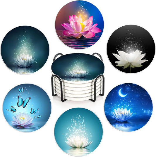 Drink Coasters with Holder,6 Pcs Water Lily Coffee Cup Mat with Storage Holder, Durable Ceramic Coaster Set for Hot & Cold Beverages