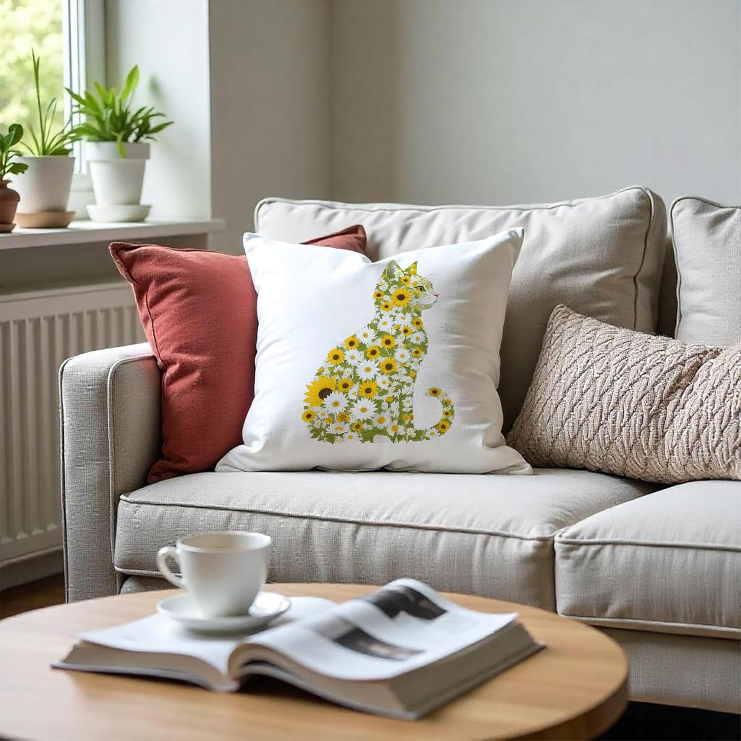 Daisy Floral Cat Pillow Covers 18x18, Gifts for Cat Lovers Mom Lady Owners, Elegant Kitten Kitty Decorative Pillow Covers for Home Bedroom Living Room Decor, Pet Lover Gifts