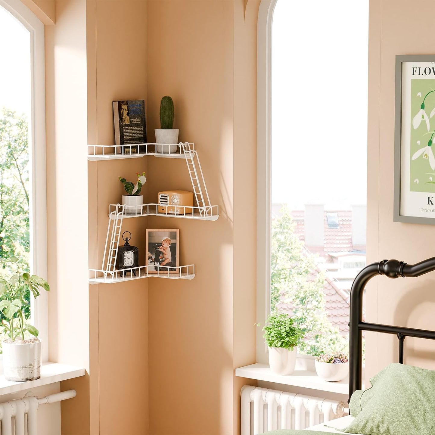 Fire Escape Wall Shelf - Modern City Style 3-Tier Corner Wall Shelves, Easy to Install Metal Ladder Shelf for Figures, New York Decorative Shelves for Bathroom, Living Room & Home Decor,White