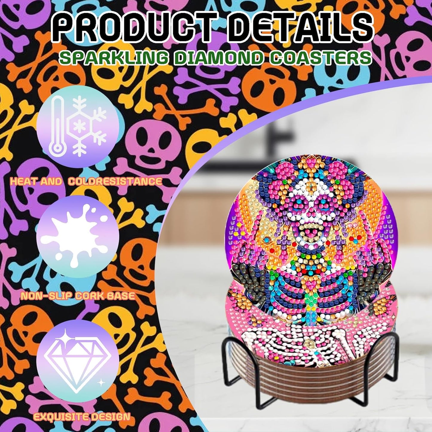 DOZEEZOP 8 PCS Skull Diamond Art Coasters Kit, Abstract 5D Diamond Painting Coasters with Holder, Fall Small Diamond Art Kits for Adults Beginners, Diamond Dots Arts and Crafts Supplies