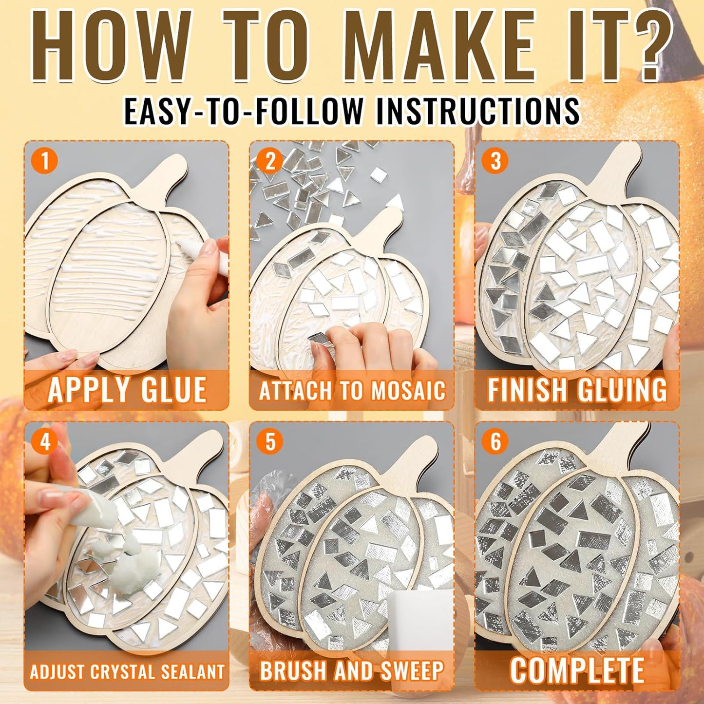 Honeydak 6 Sets DIY Glass Mosaic Tiles with 6 Wooden Coasters Making Mosaic Crafts Material Package Mixed Stained Glass for Handmade Colorful Home Decor Gift Indoor(Pumpkin,Warm Color)