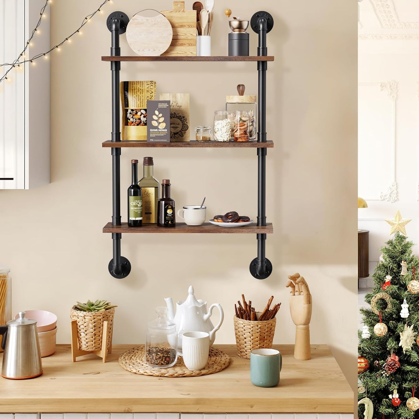 Merapi 24" Industrial Floating Shelves, Pipe Shelves for Wall, 3 Tier Rustic Wood Wall Shelves for Home Décor, Bedroom, Living Room, Bathroom…