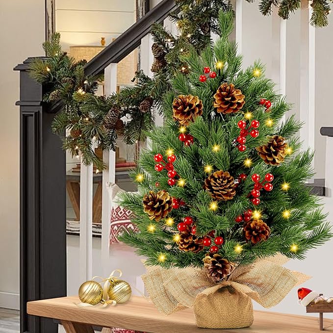 [ 8 Modes & Timer] 24 Inch Realistic Tabletop Christmas Tree Small Christmas Tree with 50 Warm Lights Battery Operated Red Berries Pine Cone Burlap Base Indoor Home Table Christmas Decorations