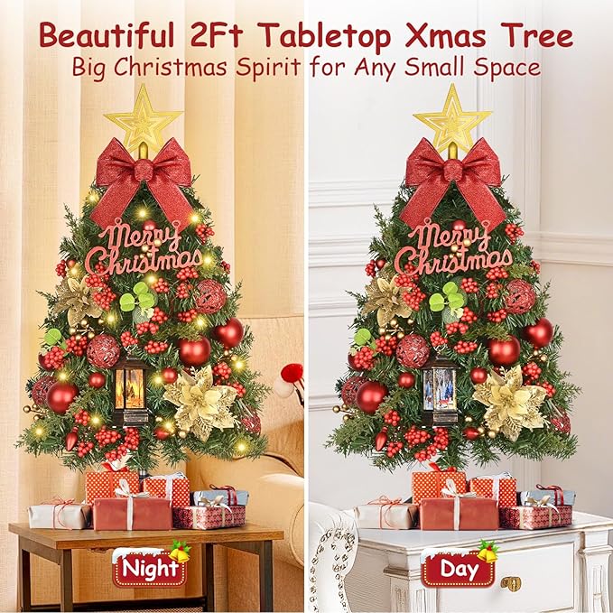 Uspring 2Ft Small Christmas Tree with Lights, Artificial Table Top Christmas Tree with Pre-Decorated Ornaments LED Lights, Mini Xmas Trees with Hanging Snow Globe Lanterns for Indoor Holiday Decor