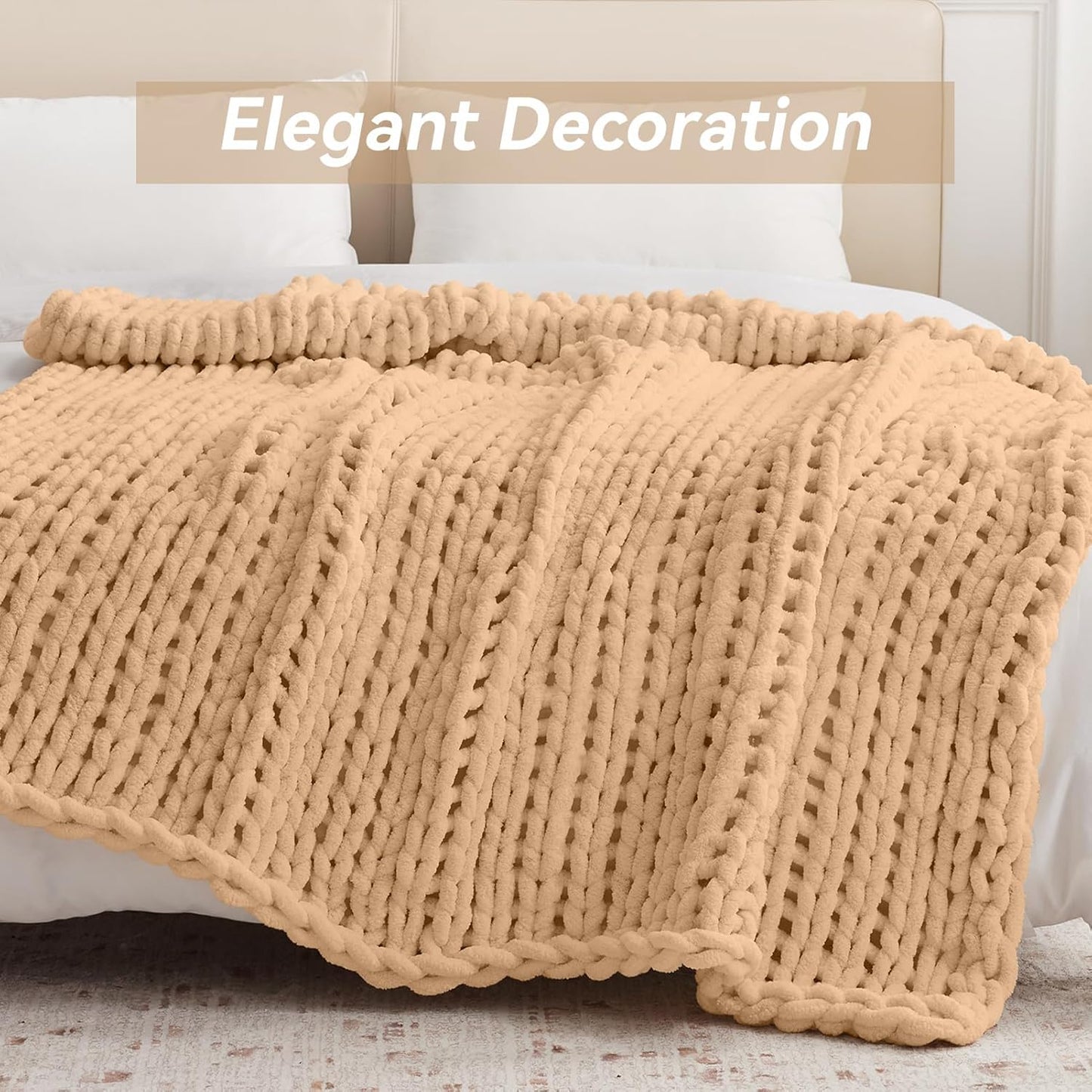 Chunky Knit Throw Blanket, 50''*60'' Knitted Throw Chenille Yarn for Bed Couch, Handmade Beige Crochet Big Thick Blanket, Machine Washable Cute Comfy Blanket for Home Decor