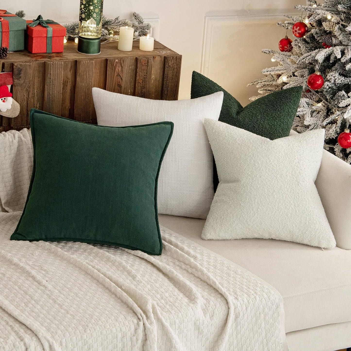 MIULEE 22x22 Christmas Decorative Euro Sham Throw Pillows for Bed Set of 2 Textured Boucle Neutral Winter Throw Pillow Covers Dark Green Accent Solid Euro Couch Pillowcase Sofa Livingroom Home Decor