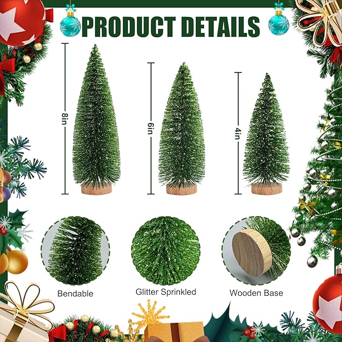 12 Pcs Mini Christmas Tree, Tabletop Christmas Tree with Wooden Bases Artificial Mini Tree with 3 Sizes Christmas Table Decor Bottle Brush Trees for Christmas Decorations (Green Glitter)