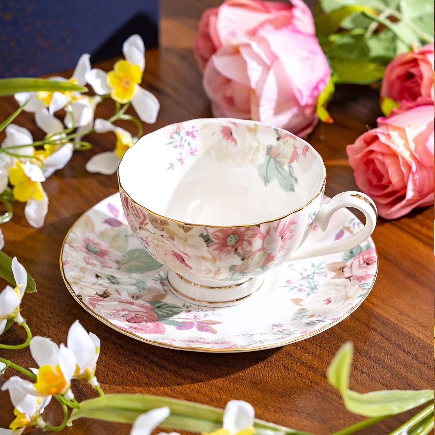 fanquare Pink Floral Tea Cup and Saucer Set with Spoon, 8 Ounce Porcelain Coffee Cup with Gold Trim, Vintage Peony Teacups for Women and Tea Parties