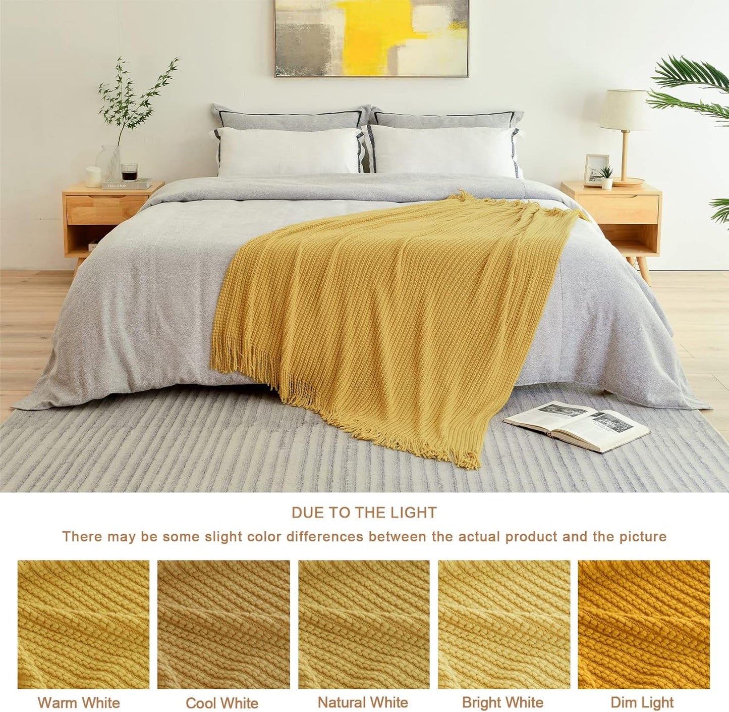 Blagic Knitted Throw Blanket for Couch Soft Farmhouse Boho Throw Blanket with Tassels Home Decorative Lightweight Throw Blankets,Mustard Yellow Throws for Bed/Chair/Sofa, Wheat Textured,50" W x 60" L