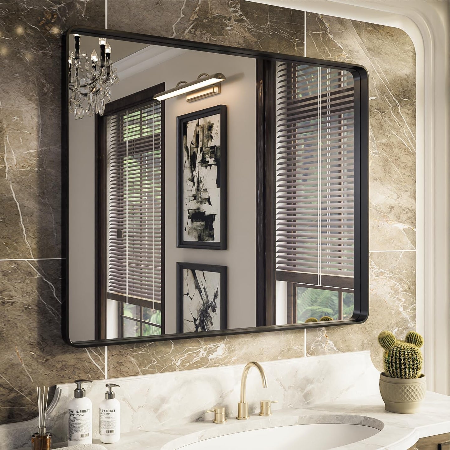 ISKM Black Metal Framed Bathroom Mirror for Wall 40" x 32" Black Bathroom Vanity Mirror, Rounded Rectangle Mirror, Anti-Rust (Horizontal/Vertical)