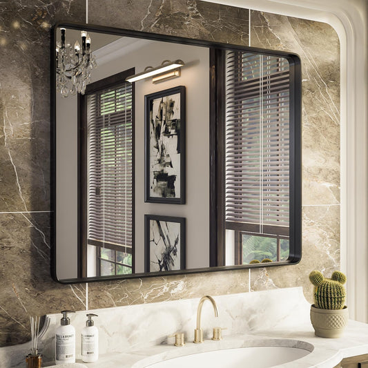 ISKM Black Metal Framed Bathroom Mirror for Wall 40" x 32" Black Bathroom Vanity Mirror, Rounded Rectangle Mirror, Anti-Rust (Horizontal/Vertical)