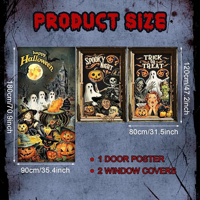 Tioncy 3 Pcs Halloween Window Door Covers Decorations Set Halloween Window Curtains Spooky Night Trick or Treat Skull Pumpkin Ghost Castle Pattern Banner Porch Indoor Outdoor Decoration