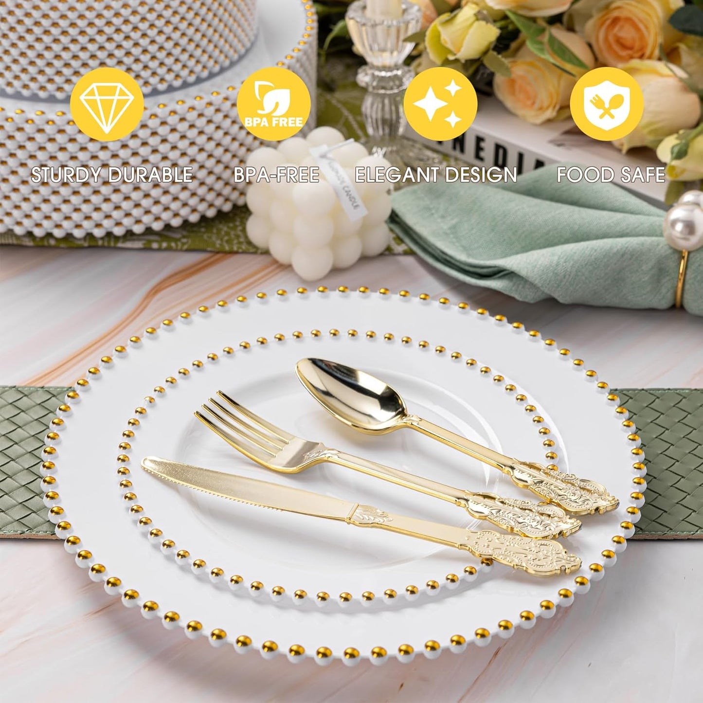 HOMIP 75Pcs Gold Plastic Dinnerware Set - Pearl-Beaded Rim Plates & Baroque Forks, Spoons, Knives, Perfect for Elegant Wedding, Banquet & Party