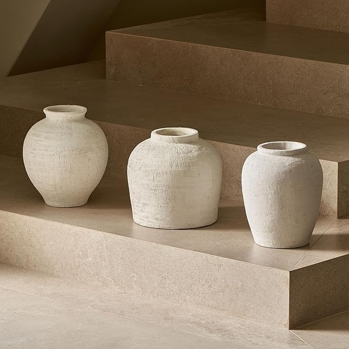 LB2 Large White Ceramic Vase, 11" Tall Zen Style Rustic vase, Terra Cotta Pitcher Vase, Distressed Farmhouse Decor, Pottery Decorative Flower for Home Decor (H 11.8" X 11")