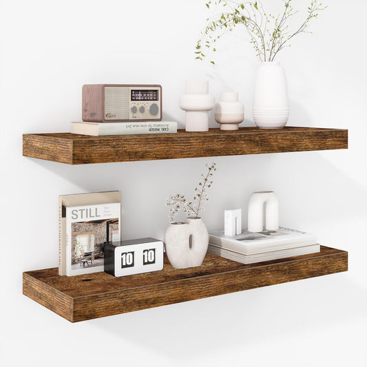 Fun Memories 24 Inch Floating Shelves - Deep Rustic Wooden Wall Shelves - Extra Deeper & Thicker Wall Mounted Storage Shelf for Bedroom, Kitchen, Farmhouse - 2 Pack, Rustic Brown
