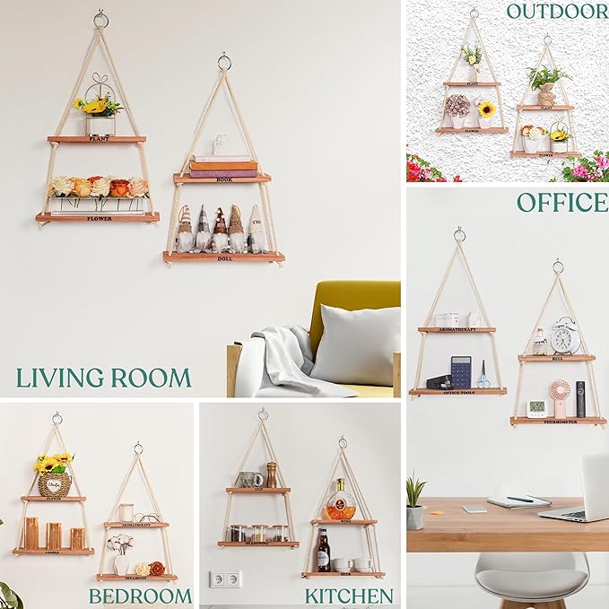 Hanging Shelves for Wall - Boho Room Decor Aesthetic - Hanging Plant Shelf Decor - Floating Shelves for Room Wall - Rope Shelves for Bedroom Aesthetic, Boho Decor Wall Hanging Shelves for Living Room