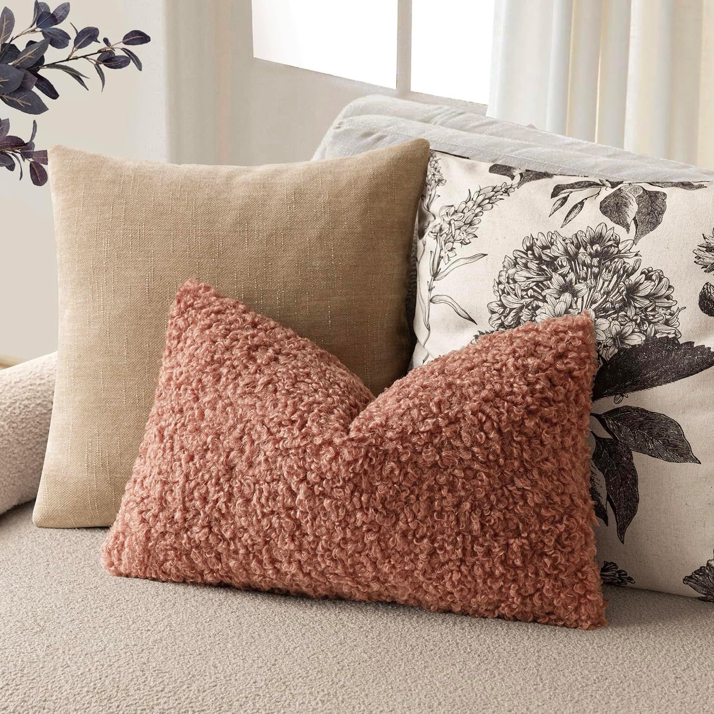 Foindtower Set of 2 Curly Teddy Wool Pillow Covers Decorative Boucle Textured Lumbar Throw Pillow Faux Fur Sherpa Pillowcases Sheepskin Fuzzy Cushion Case for Sofa Bedroom Car 12"x20" Dusty Pink