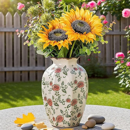 Green&Beige Vintage Octagonal Vase, Red Rose Chinoiserie Floral Vase, Farmhouse Antique Decorative Ceramic Flower Vases for Bouquet, Home Decor, Living Room, Bookshelf, Office, Tuscan Decor 9.1 Inch