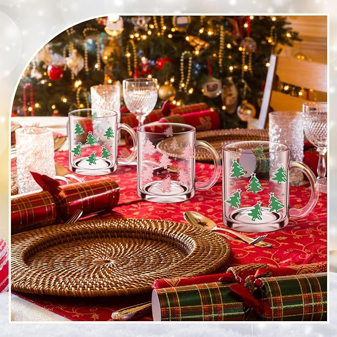 Tioncy Christmas Tree Coffee Mugs with Handle 12oz Christmas Tree Glass Cup Holiday Mugs Winter Christmas Iced Coffee Cup for Xmas Home Office Gifts