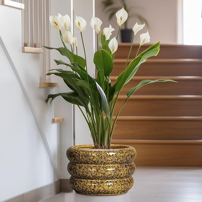 SQOWL Ceramic Pots for Plants - 13.5 Inch Ceramic Planter for Indoor Plants, Large Plant Pots with Drainage Hole, Round Flower Pot Outdoor, Bubble Planter, Room Decor, Gifts for Plant Lover, Yellow