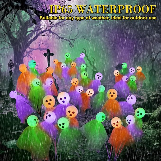 VIHOSE 2 Packs Halloween Solar Lights Outdoor 12 LED Solar Ghost Pathway Lights Waterproof Spooky Ghost Path Light Outdoor Halloween Decorations for Outside Garden Lawn Yard Decors (Colorful)
