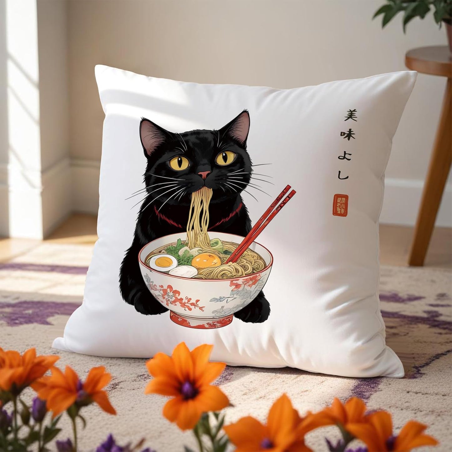 Funny Anime Vintage Black Cat Japanese Ramen Noodles Pillow Covers 18x18, Aesthetic Black Cat Art Painting Decor Pillow Covers for Room Bedroom
