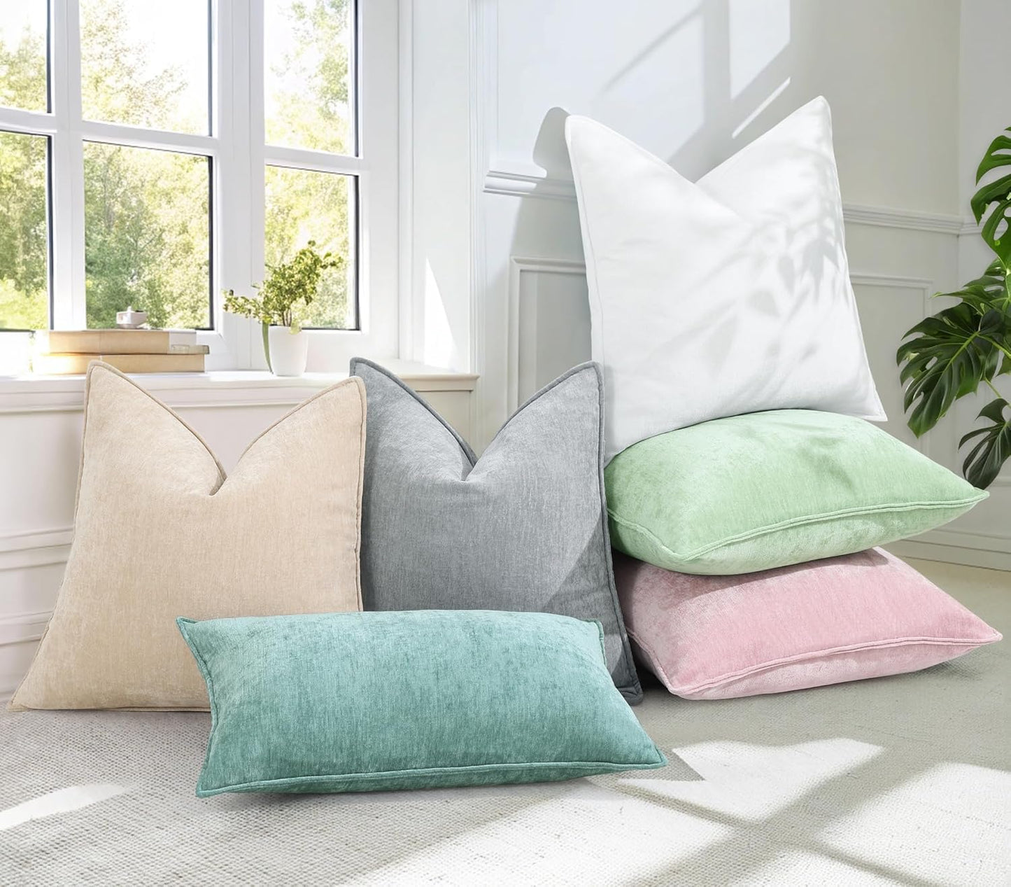 decorUhome Couch Throw Pillow Covers 20x20 Set of 2, Decorative Soft Euro Neutral Chenille Pillow Covers with Elegant Design for Sofa Bed Living Room Home Decor, Aqua Haze