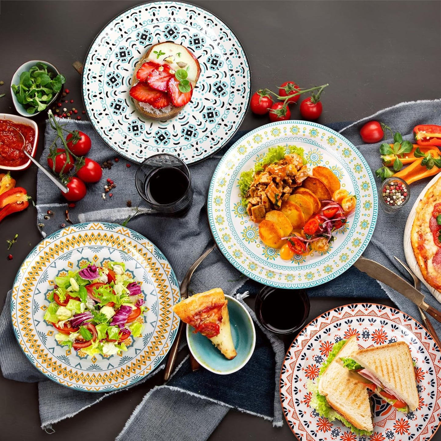 Foraineam 8 Pieces 8 Inch Round Porcelain Salad Plates, Decorative Appetizer Plates Dessert Dishes, Colorful Floral Serving Dishes for Luncheon, Steak, Fruit, Snack, Microwave and Dishwasher Safe