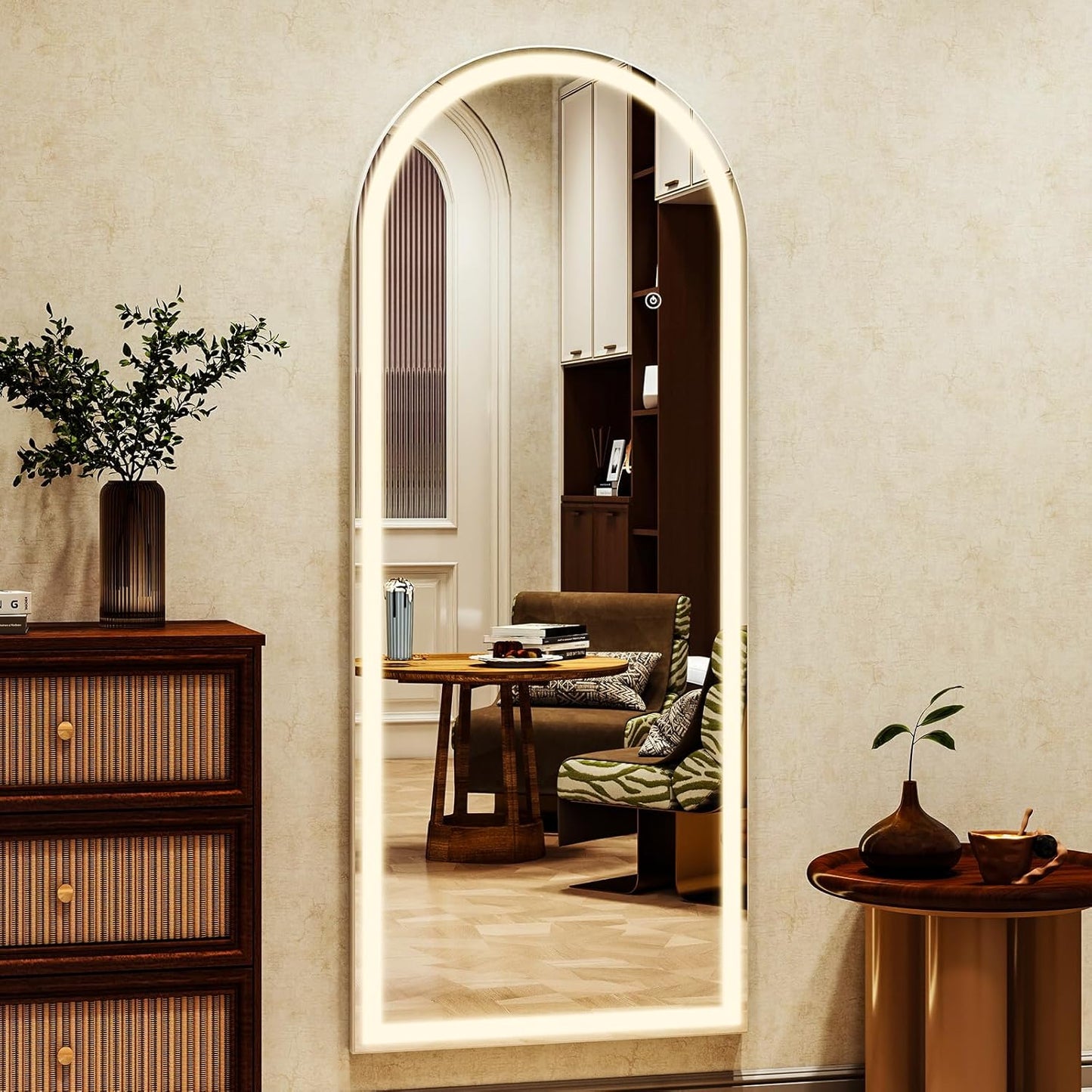 LED White Arched Full Length Mirror - 24“ x 65” Adjustable Brightness, Touch Screen Controls, Wall Mounted or Freestanding for Bedroom, Living Room, Cloakroom Dressing Mirror