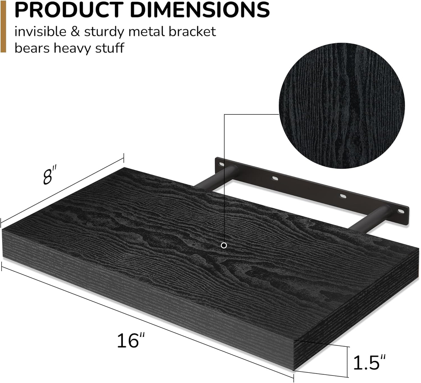 Fun Memories 16 Inch Floating Shelves - Deep Rustic Black Wooden Wall Shelves - Extra Deeper & Thicker Wall Mounted Storage Shelf for Bedroom, Kitchen, Farmhouse - 2 Pack, Rustic Black