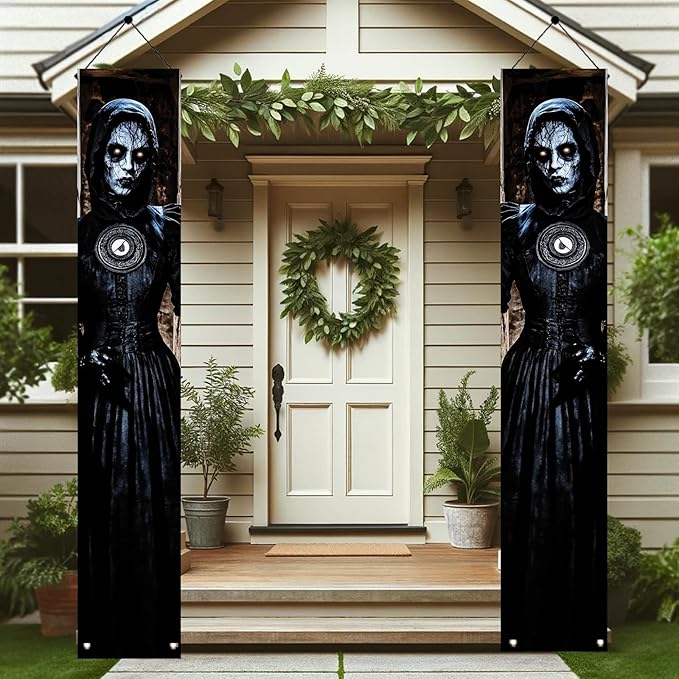 2PCS Halloween Porch Banner Gothic Ghost Lady Vertical Hanging Decorations for Front Door Haunted House Scary Door Sign Spooky Wall Decor Creepy Entrance Party Backdrop 71 x 12 Inch